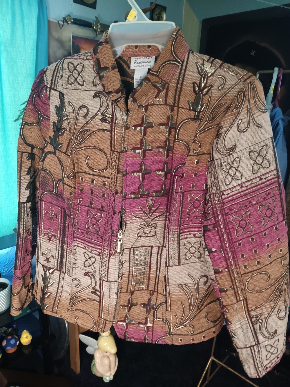 Renaissance Woman Patchwork Zip-Front Blazer in Tan & Magenta